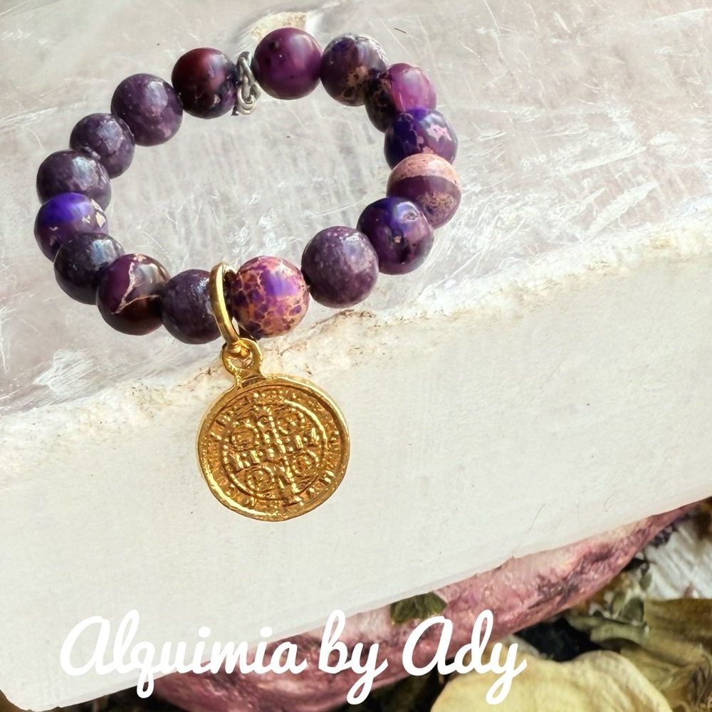 Infinity band Saint Benedict purple turquoise beaded gem ring - Picture 2 of 2